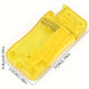 A yellow manual automatic needle threader for crafting, shown from the side with dimensions.