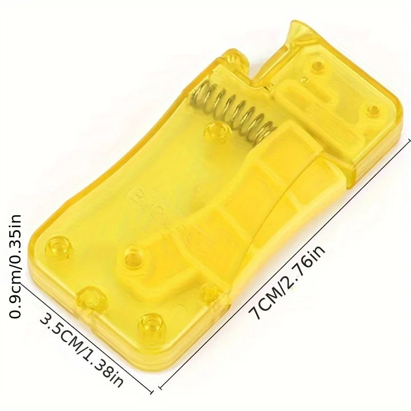 A yellow manual automatic needle threader for crafting, shown from the side with dimensions.