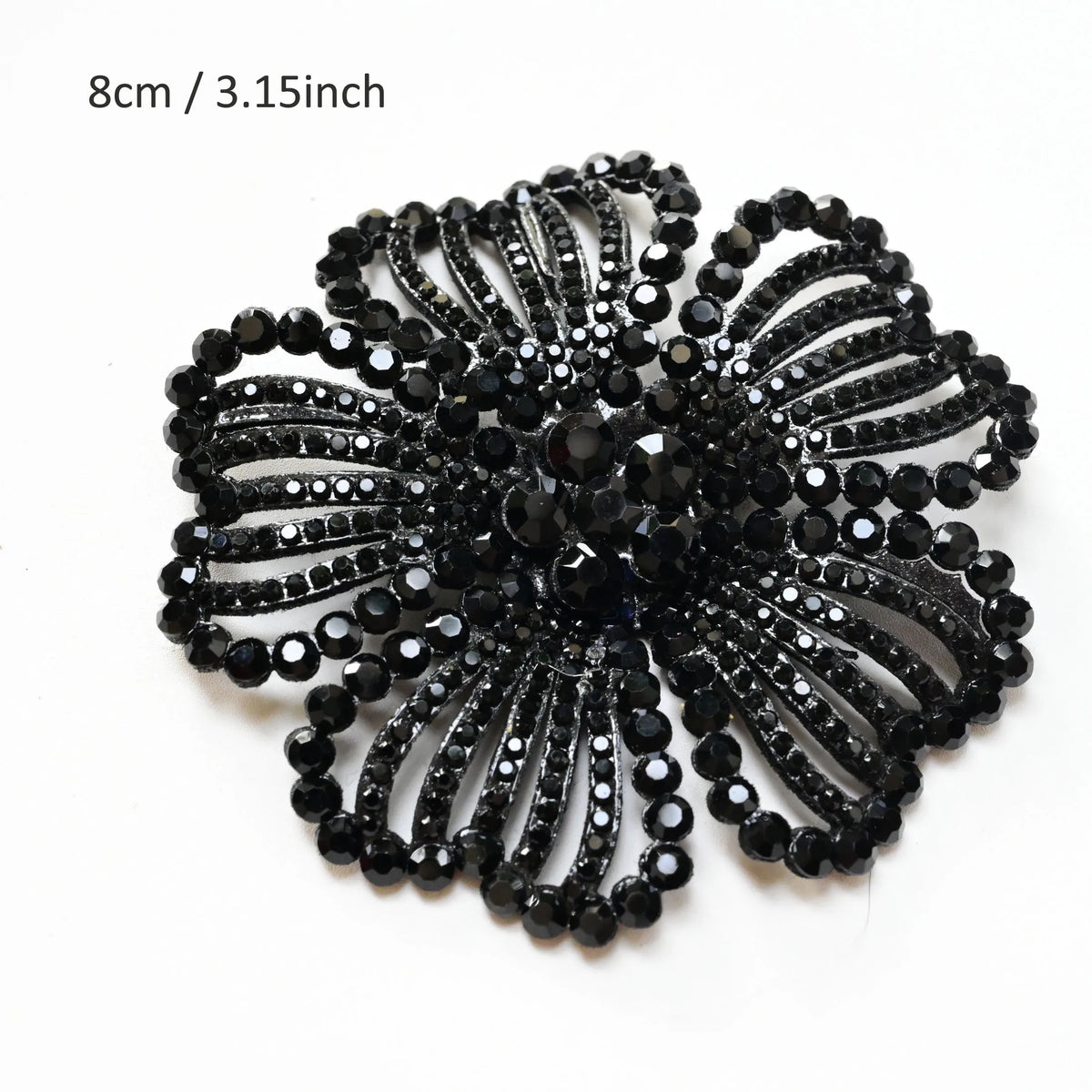 Black rhinestone flower applique patch measuring 8cm or 3.15 inches