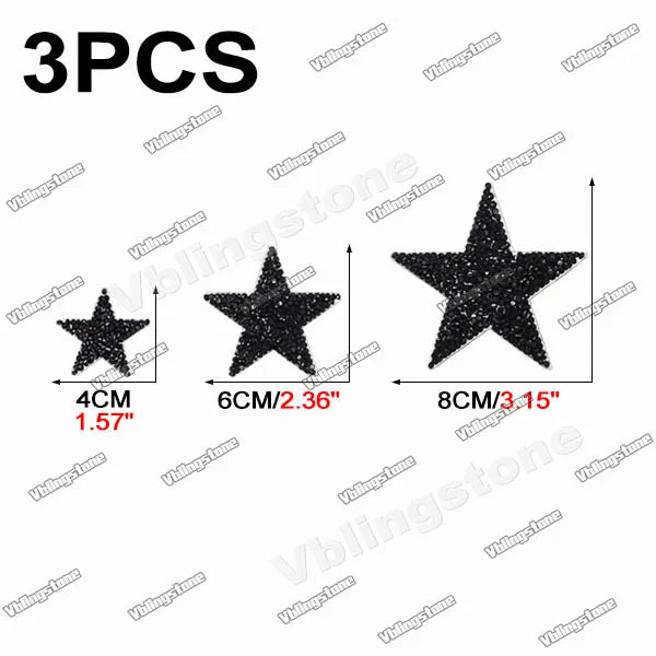 Three glitter rhinestone iron-on star patches of different sizes: 4cm, 6cm, and 8cm.