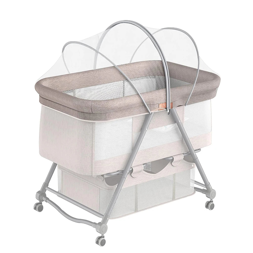 A portable mosquito net cover for baby bassinets and car seats, featuring a light gray frame and mesh netting.