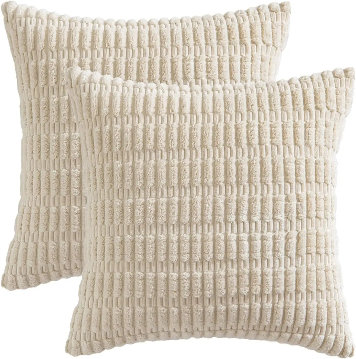 A beige corduroy throw pillow cover with a vertical ribbed texture.