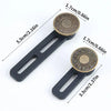 A black universal waist extender button with a brass-colored top, shown with dimension lines.