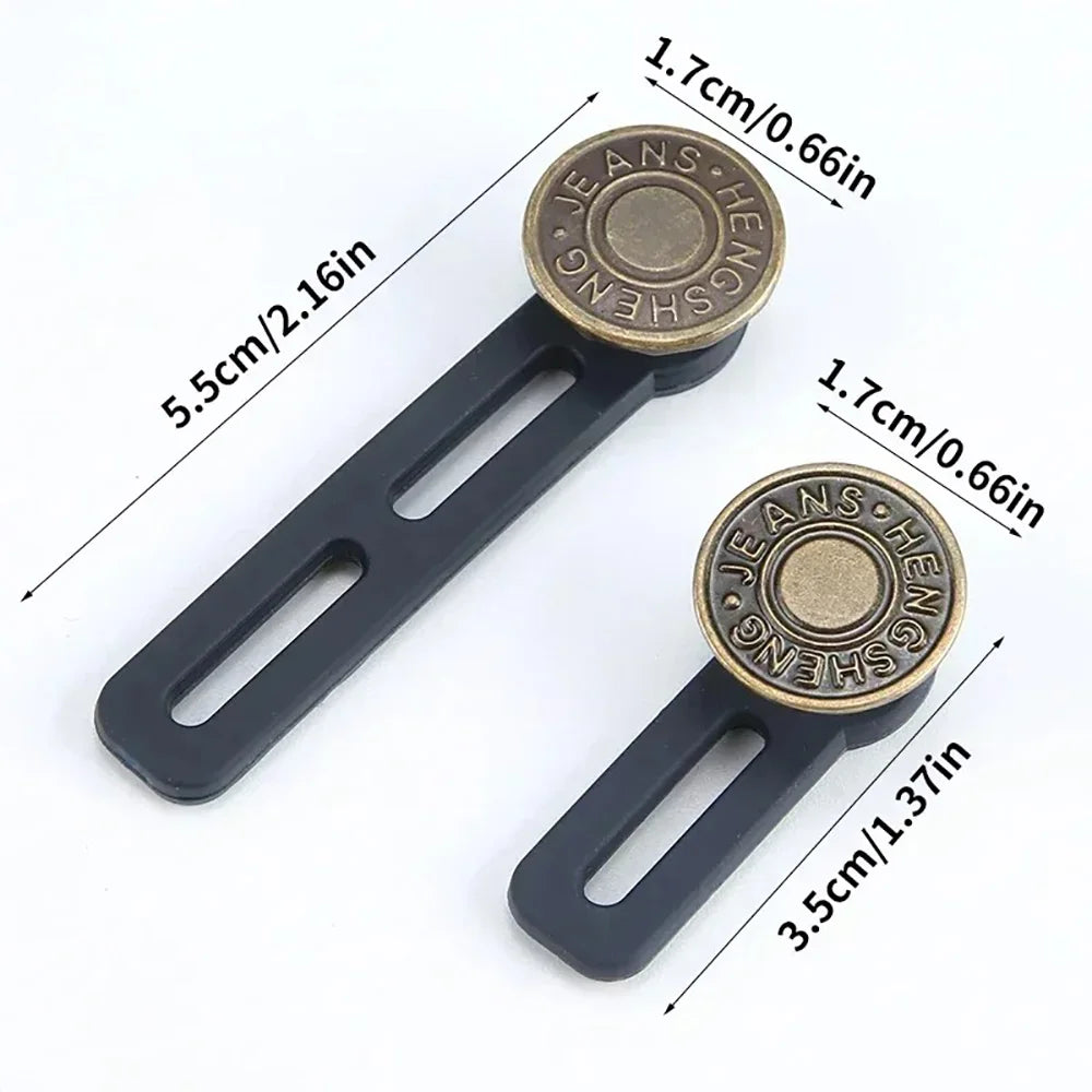 A black universal waist extender button with a brass-colored top, shown with dimension lines.
