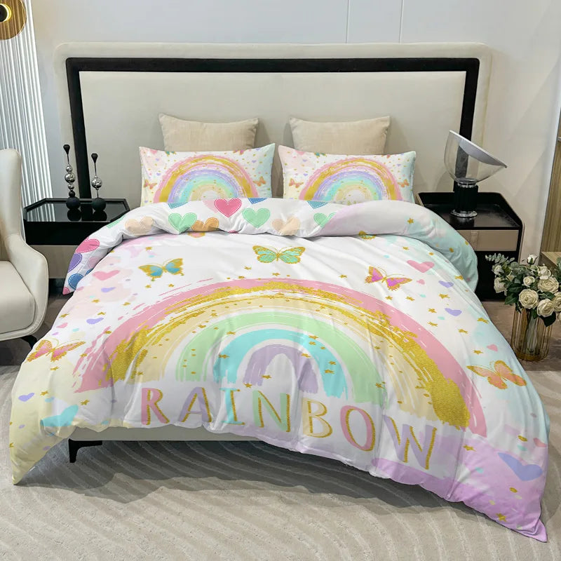 A colorful butterfly and rainbow themed quilt cover set featuring soft polyester bedding displayed on a bed.
