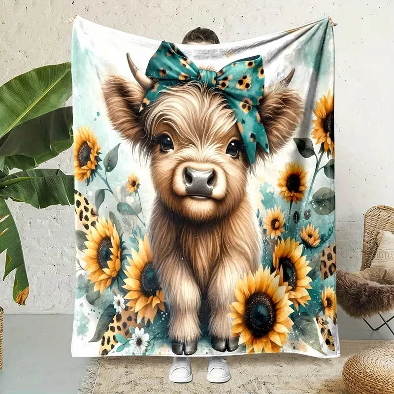 A fluffy Highland cow flannel blanket featuring a portrait of a cow with a blue bow surrounded by sunflowers and green foliag