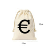 A beige drawstring cotton gift bag featuring a large black euro symbol on the front.