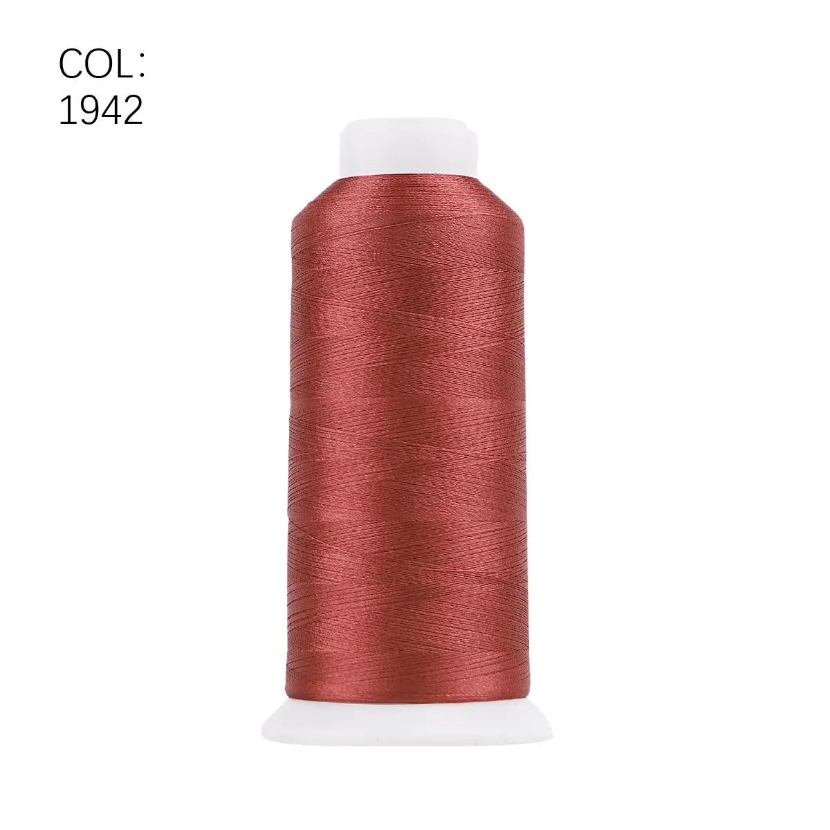 A roll of reddish-brown polyester embroidery thread with a white core.