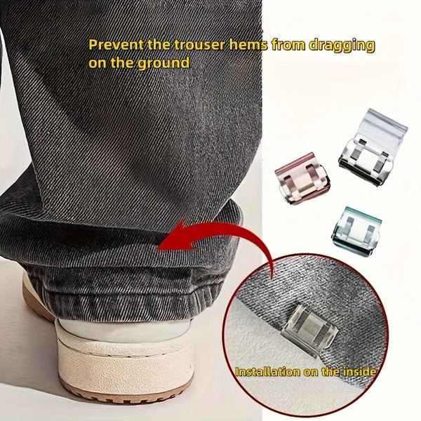 Close-up of invisible hem shortening clips being installed on the inside of a trouser leg to prevent dragging.