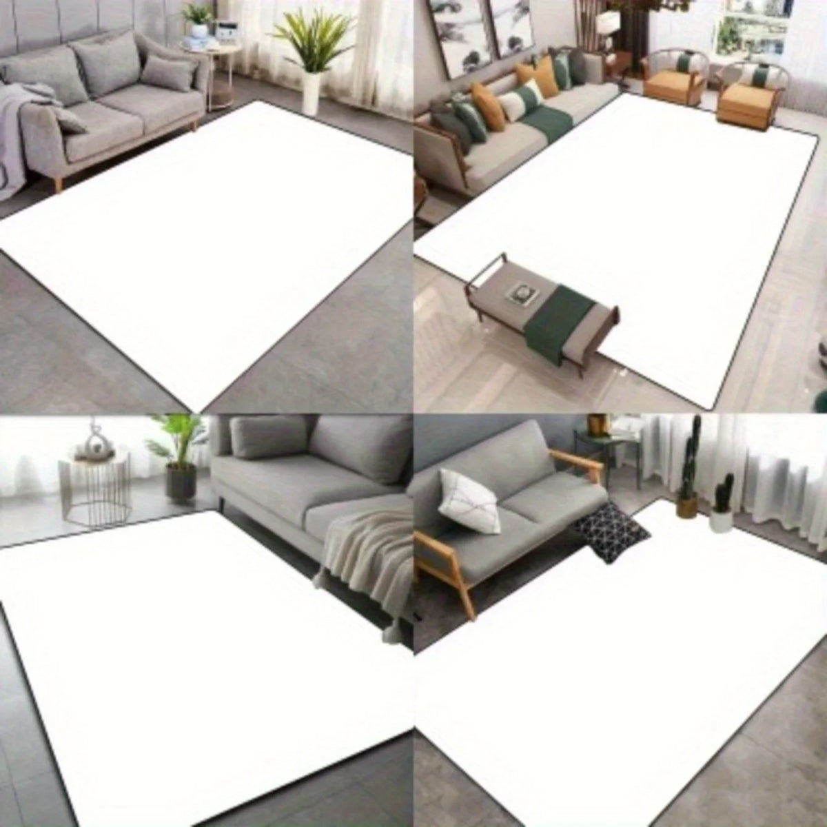 A collection of floor mats featuring various floral patterns and neutral tones in different layouts.