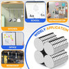 A collection of silver magnetic fridge magnets shown in various applications like kitchen, school, office, and workshop.