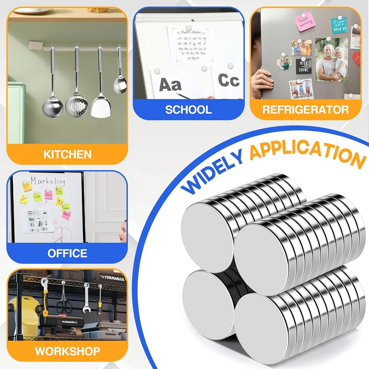 A collection of silver magnetic fridge magnets shown in various applications like kitchen, school, office, and workshop.
