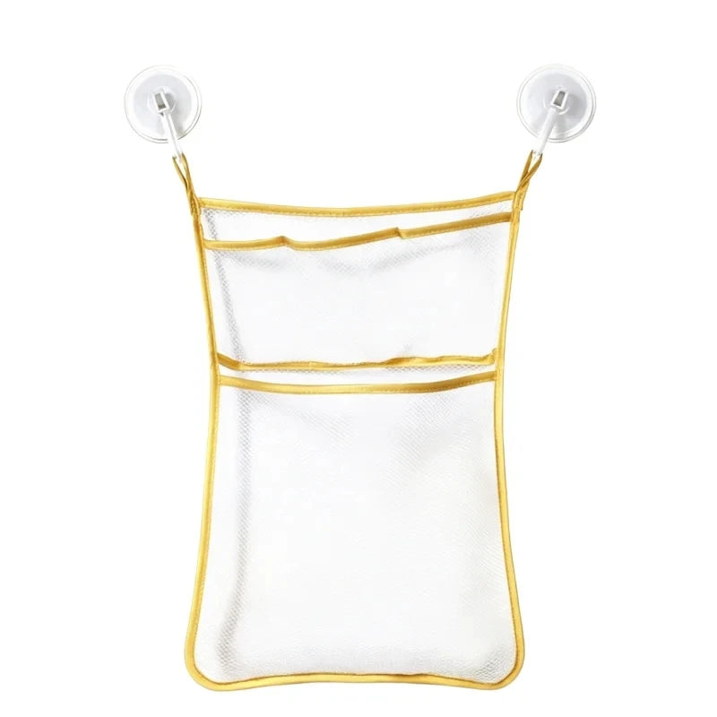 Clear mesh baby bath organizer storage bags with gold trim and hanging loops