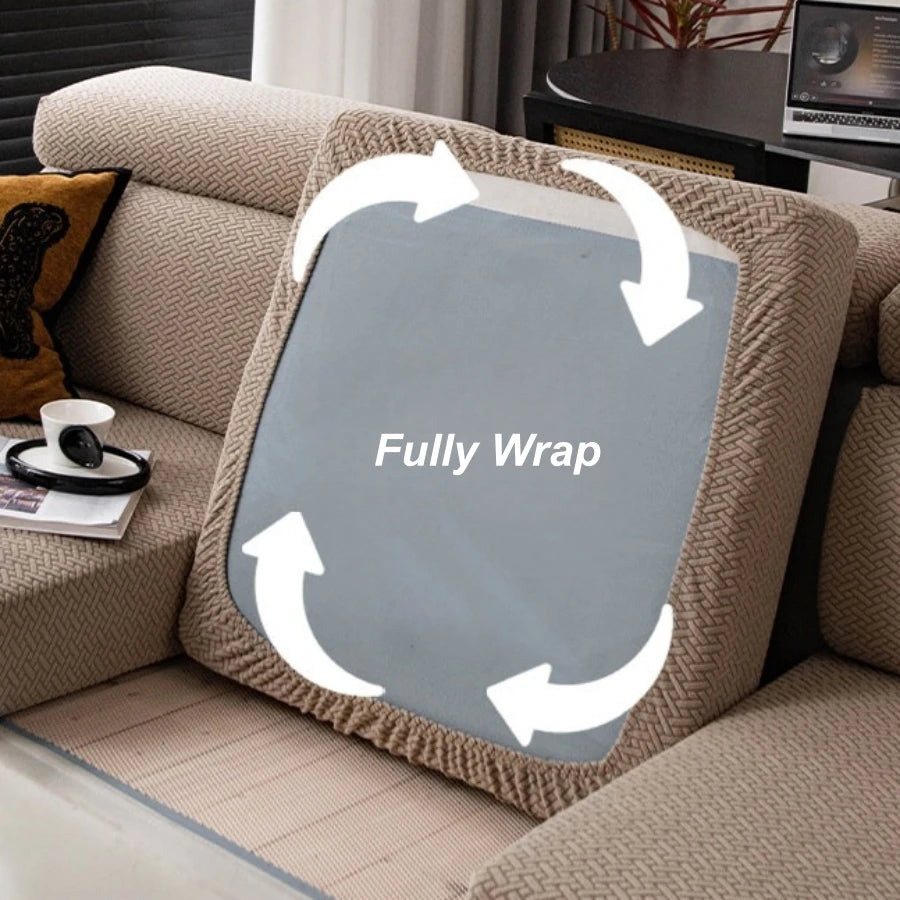 A close-up of a beige sofa cover with a gray panel showing a fully wrapped feature.