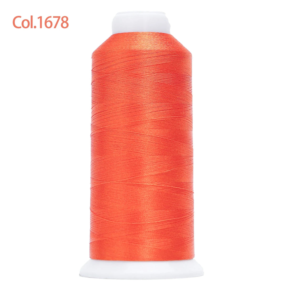 A spool of bright orange embroidery thread labeled Col.1678 with a white core.
