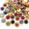 A close-up view of numerous sunflower crystal rhinestone sew-on buttons in various colors like gold, red, blue, and pink.