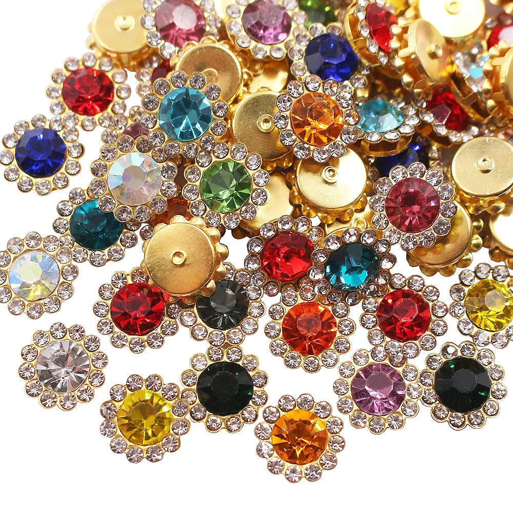 A close-up view of numerous sunflower crystal rhinestone sew-on buttons in various colors like gold, red, blue, and pink.