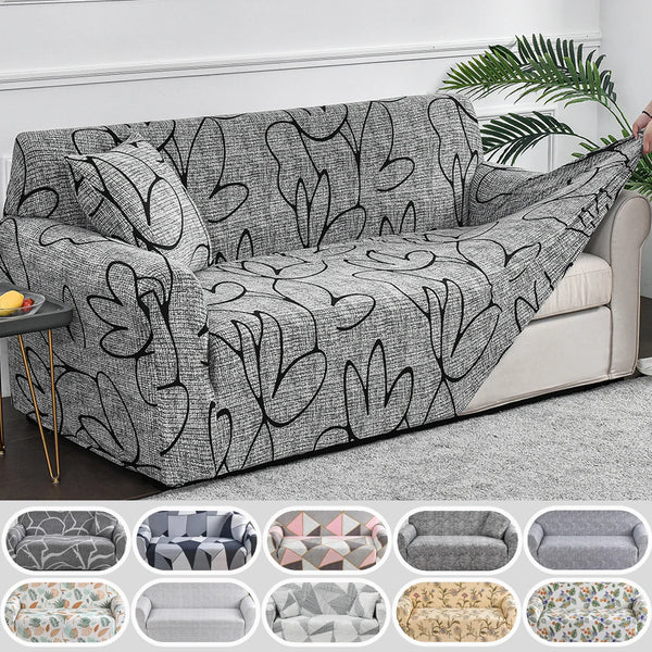 Various patterns and colors of elastic sofa cover protectors displayed in a grid.