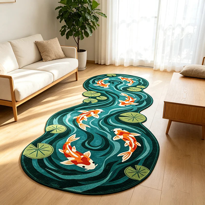 A teal rug featuring an artistic pattern of orange and white koi fish and green lotus leaves on a light wooden floor.