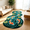 A teal rug featuring an artistic pattern of orange and white koi fish and green lotus leaves on a light wooden floor.