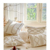 A collection of cream and beige knit pillow covers with geometric patterns displayed on a light-colored sofa.
