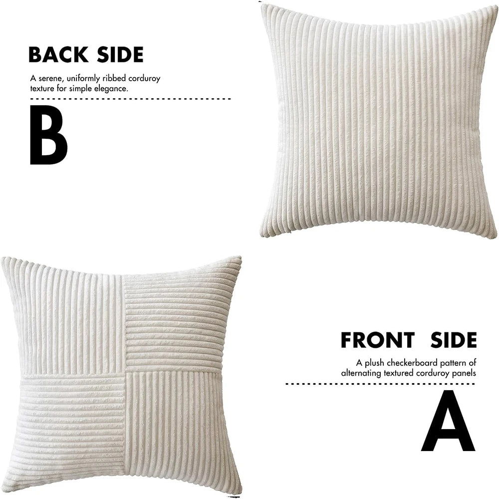 Two neutral corduroy throw pillow covers, one ribbed and one checkered patchwork design.