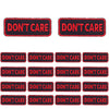 A collection of black and red embroidered patches with the text DON'T CARE.