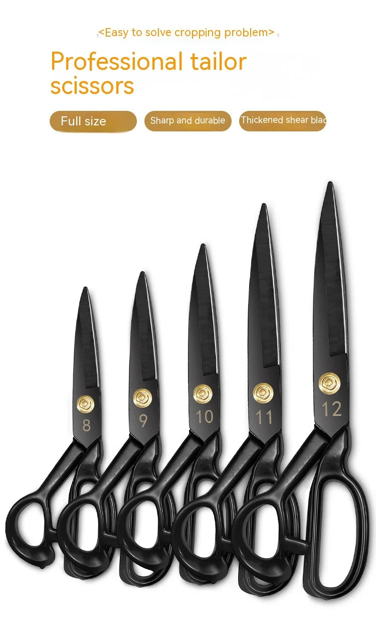 A set of professional tailor scissors numbered 8 through 12 with black handles and silver tips.