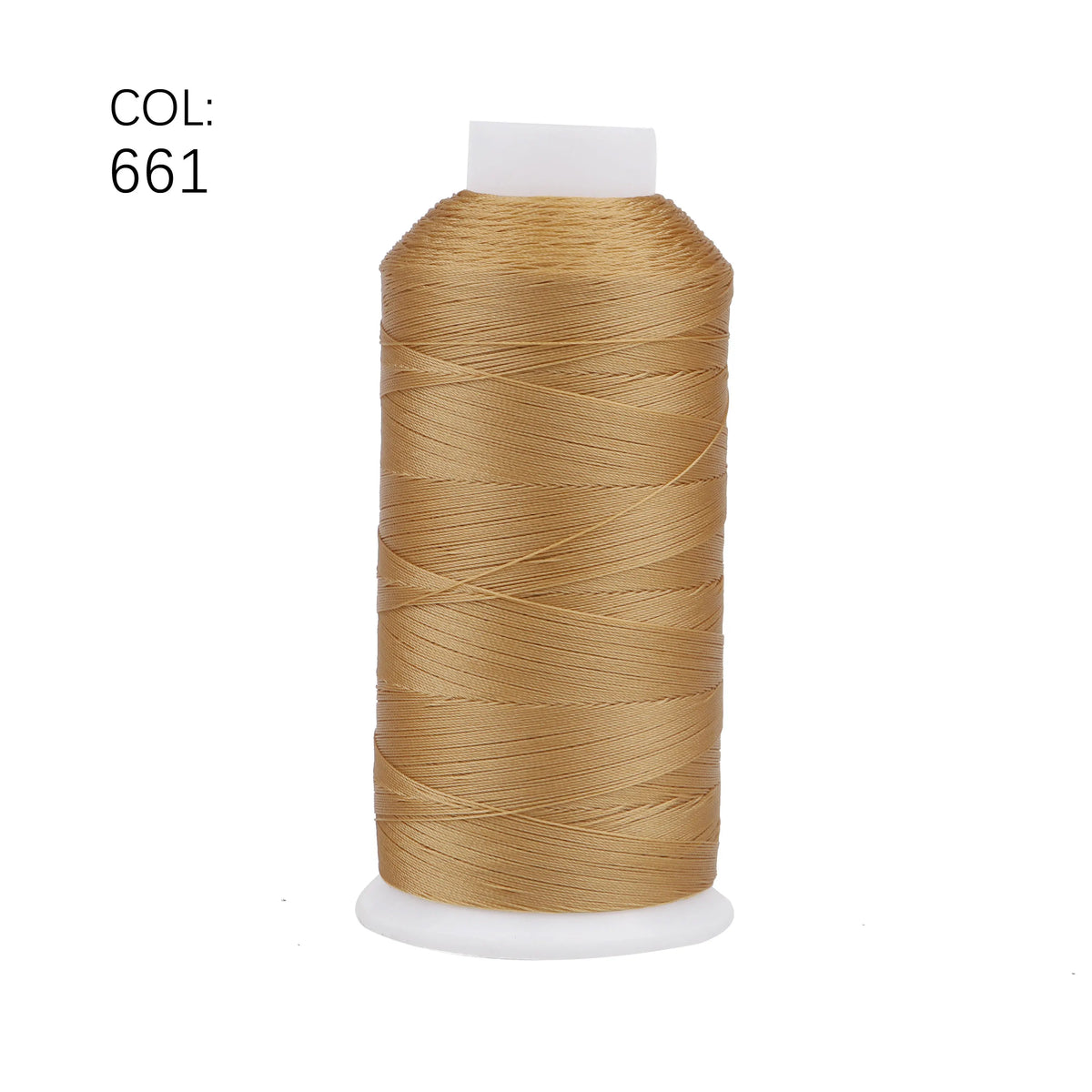 A spool of gold-colored heavy duty nylon sewing thread with a white cap.
