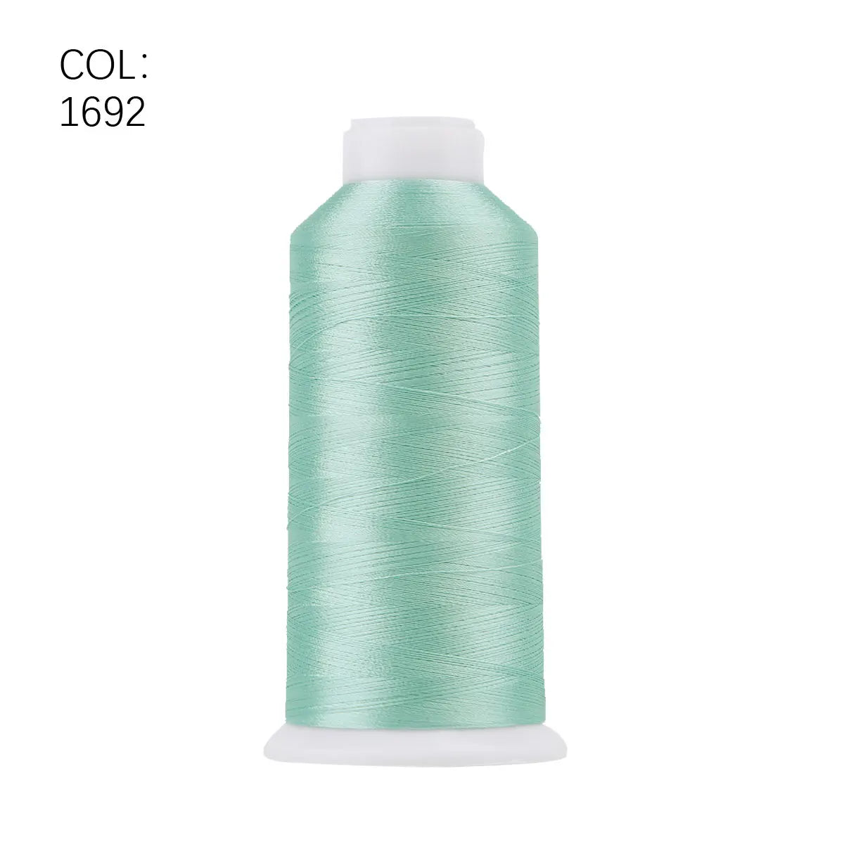 A roll of teal green polyester embroidery thread with a white core and cap.