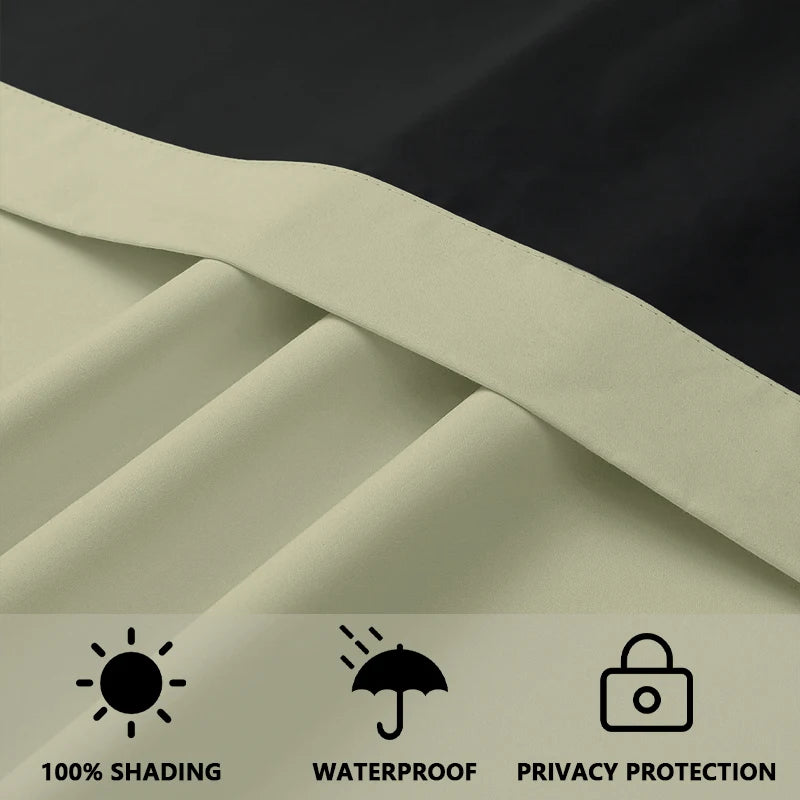 A close-up of a beige thermal blockout curtain panel showing fabric folds and icons for shading, waterproof, and privacy prot
