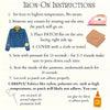 Instructions for applying an iron-on patch to clothing, showing steps like setting temperature and pressing.