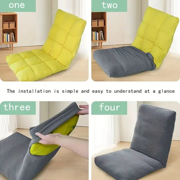 Four variations of a folding tatami seat cover for floor beds shown in yellow and gray colors.
