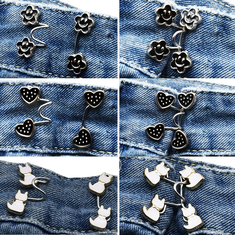 Adjustable alloy button clips in various floral and heart shapes used for tightening jeans waistlines