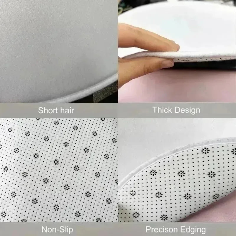 Close-up views of a white decorative round carpet featuring various textures and edges including short hair, thick design, no