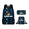 A set of three Roblox themed school bags featuring a pixelated design on dark blue and black fabric.