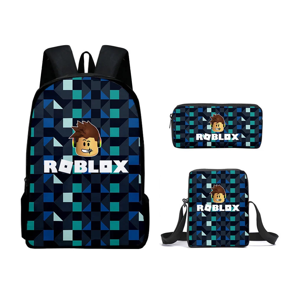 A set of three Roblox themed school bags featuring a pixelated design on dark blue and black fabric.