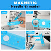 A magnetic needle threader featuring a magnifier glass, ruler, and storage on a sewing machine.