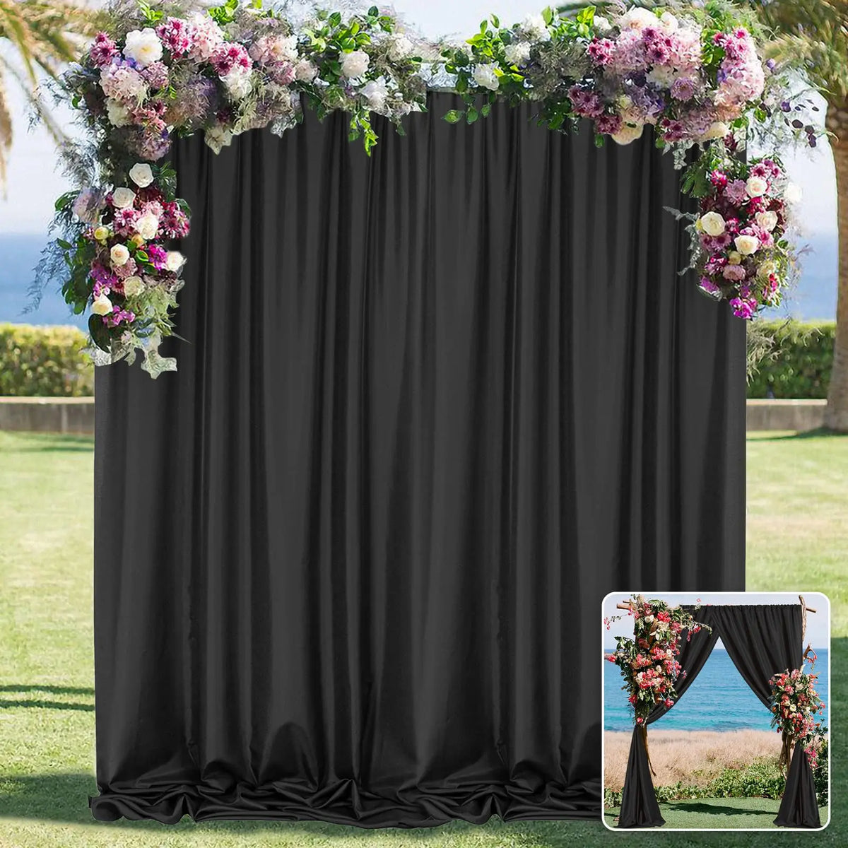 Elegant black curtain panel decorated with floral greenery and pink flowers for party backdrops