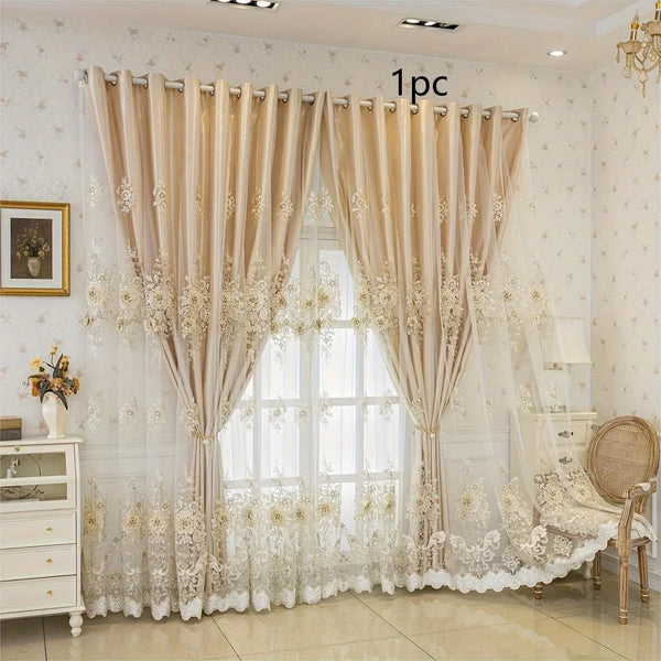 Elegant cream sheer curtains with floral lace detailing hanging in a window.