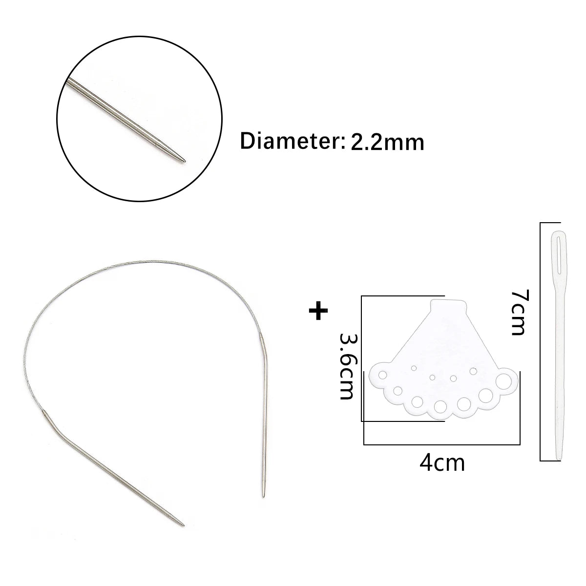 Stainless steel circular knitting needles set with a 2.2mm diameter and a 7cm length.