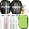 A set of crochet needles and stitch markers packaged in black and lime green zippered pouches.