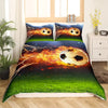 A football themed duvet cover set featuring a soccer ball engulfed in bright orange flames on a green field.