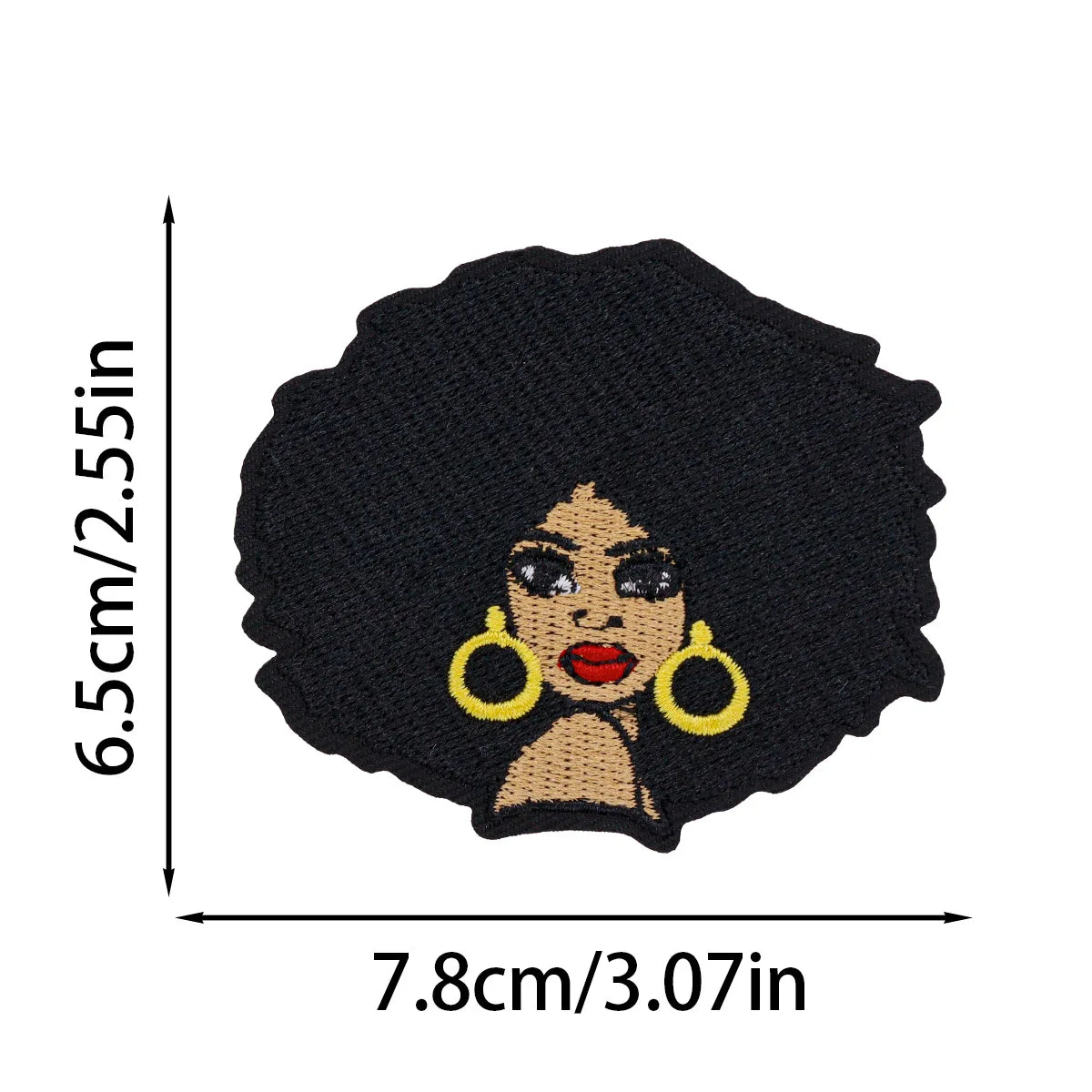 Black crocheted patch featuring a cartoon woman with curly hair and gold earrings