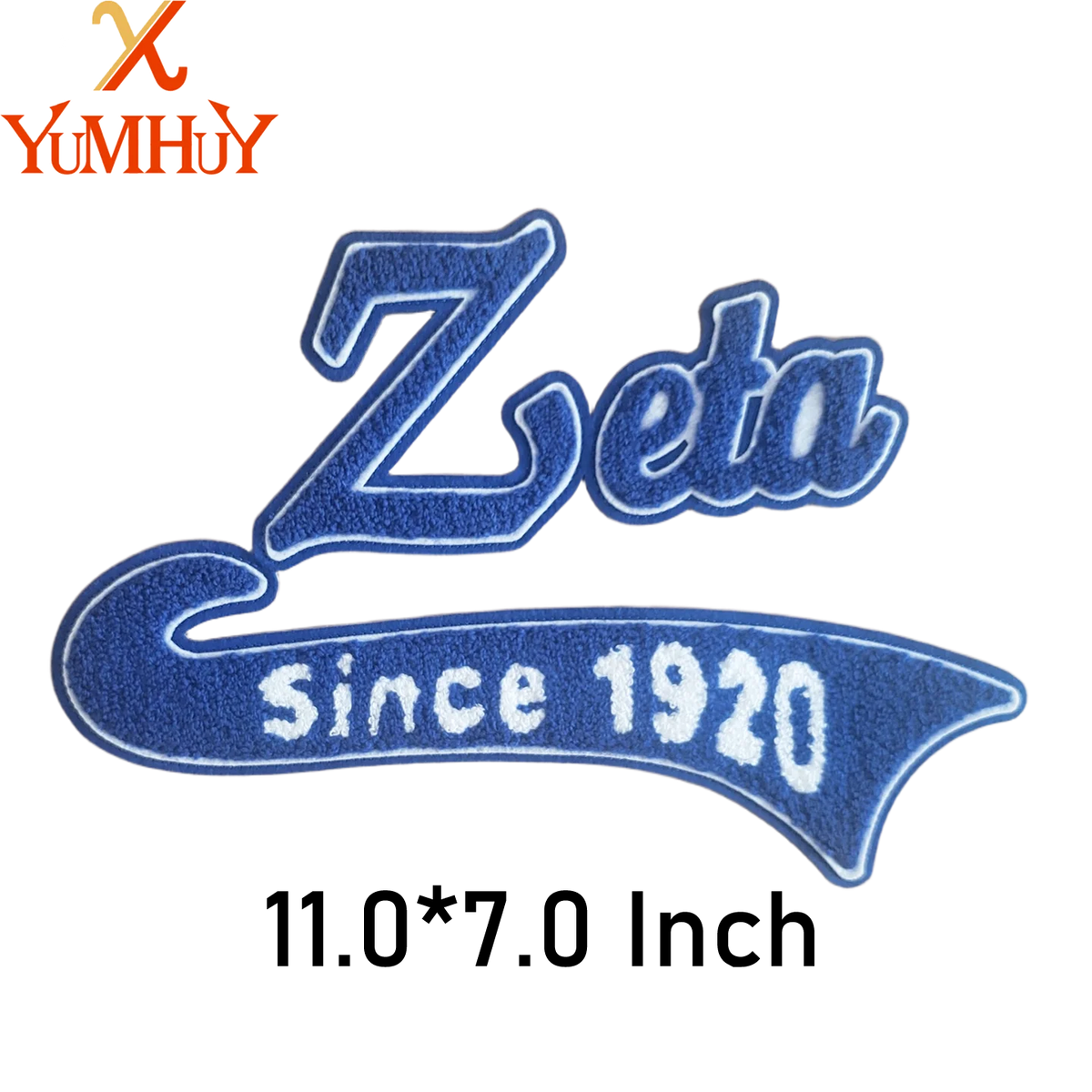A blue embroidered patch featuring the word Zeta and the text Since 1920.