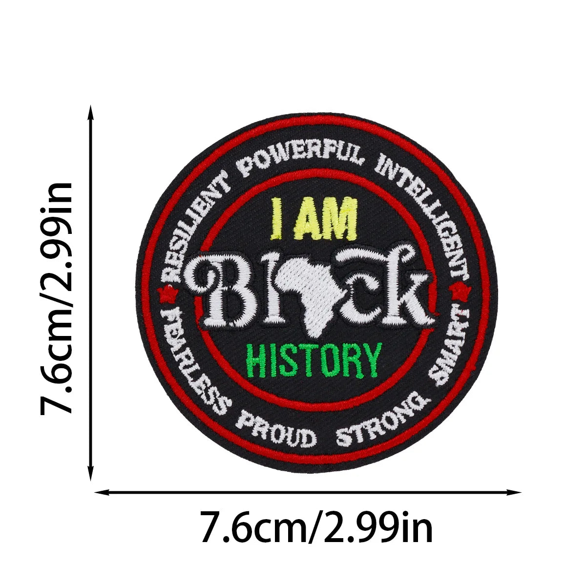 Black embroidered patch with text I AM Block HISTORY and surrounding words on a circular background