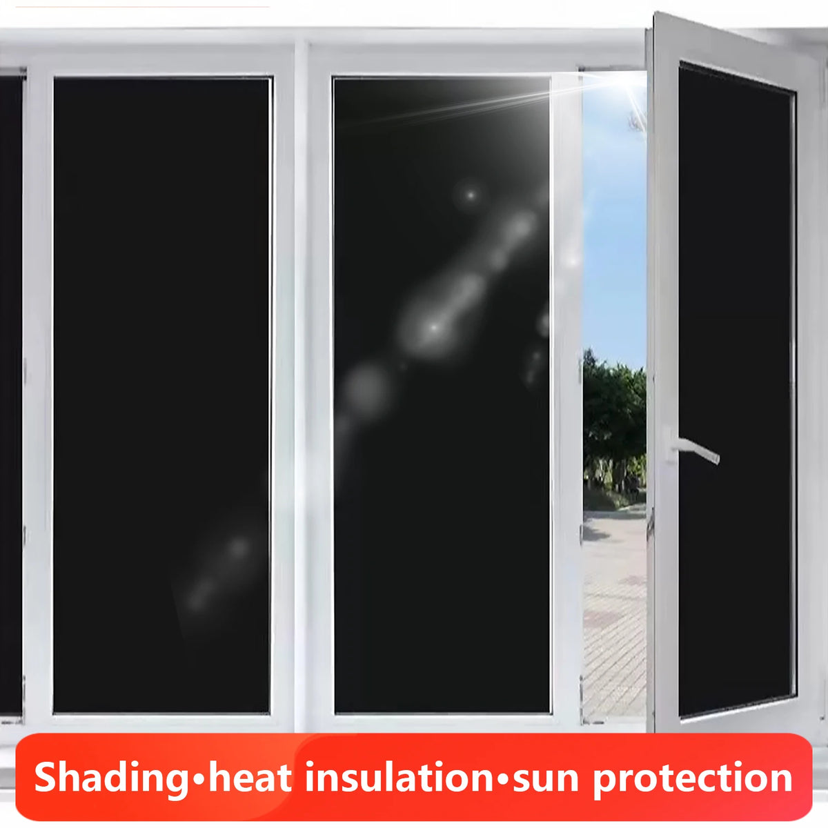 Blackout curtains in a white frame showing sunlight outside