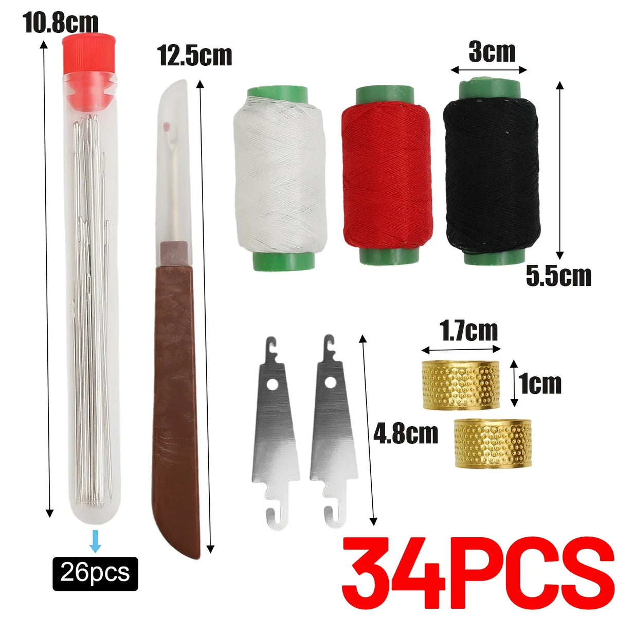 A set of 34 stainless steel sewing needles, including various sizes and components like a large needle, cutters, and eyelets.