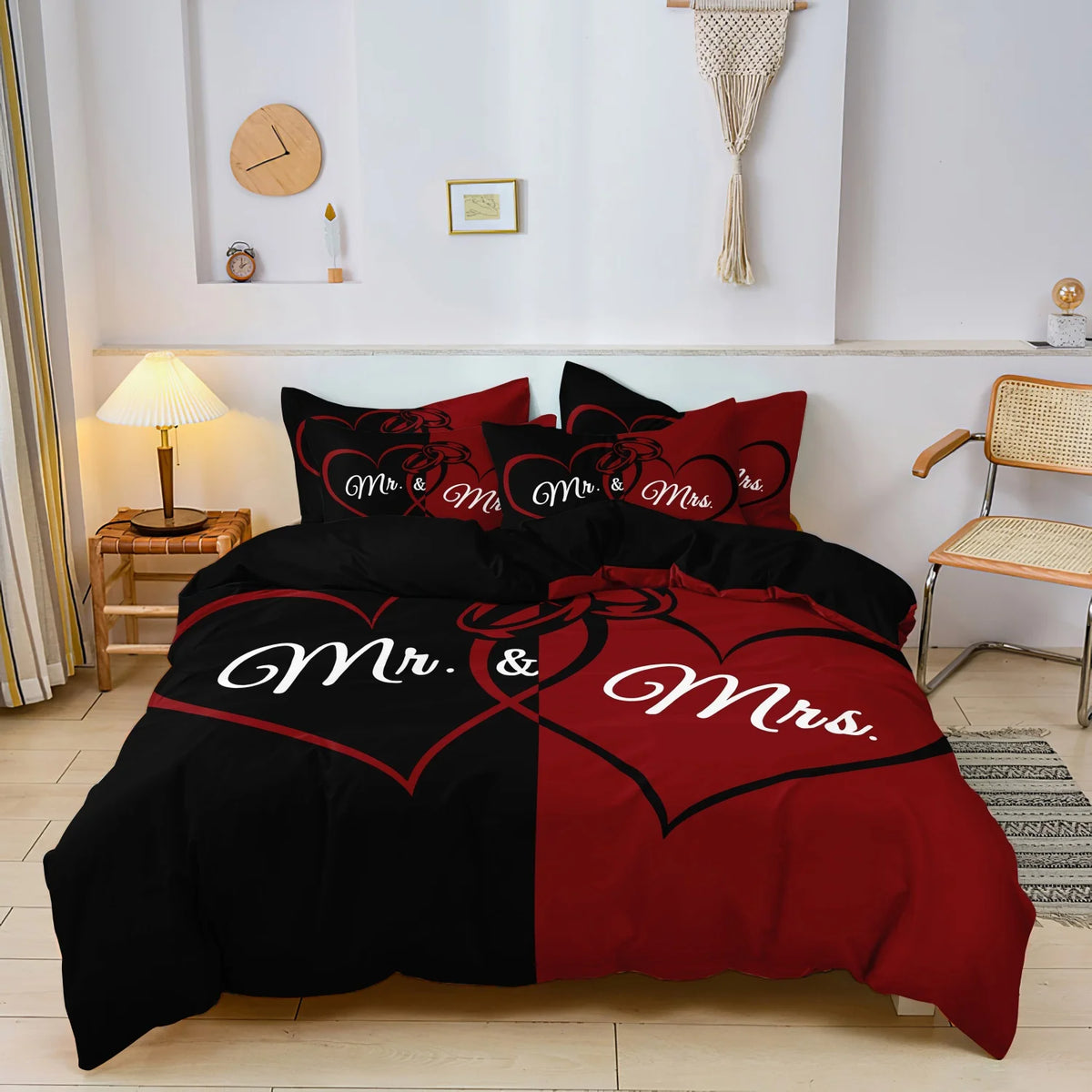 A dark red and black bedding set featuring a heart crown rose pattern for a bedroom.