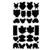 A collection of black, silhouette-shaped fabric repair patches for clothing.